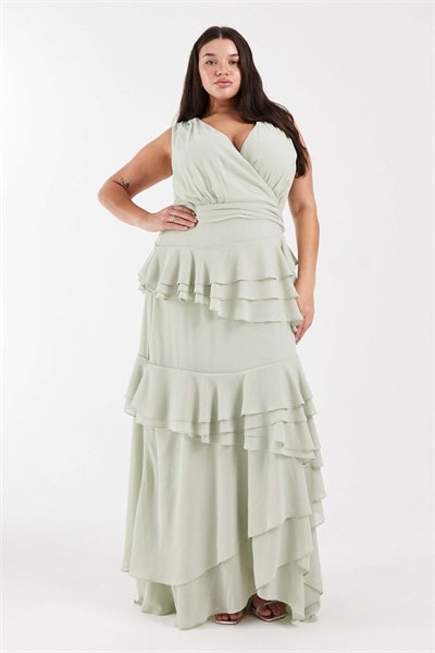 Макси-платье для подружки невесты из шифона с запахом спереди и многослойными оборками салатового цвета артикул 153113854