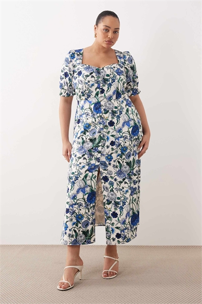 Платье средней длины с раздельным передом и пуговицами, синего цвета с цветочным принтом артикул 153363357