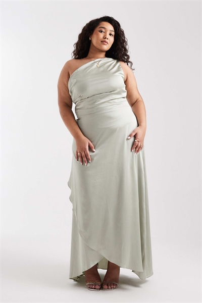 Платье-макси из атласа с одним плечом и юбкой-парео для подружки невесты, цвет шалфейный зеленый артикул 153113855