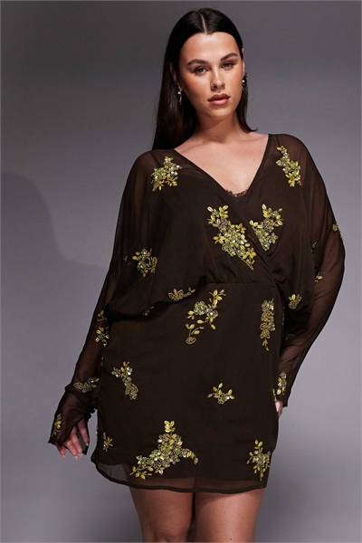 ASOS DESIGN Curve мини-платье свободного кроя с рукавами-крылышками, украшенное кружевом, шоколадного и лаймового цветов, с кружевной майкой артикул 154081814