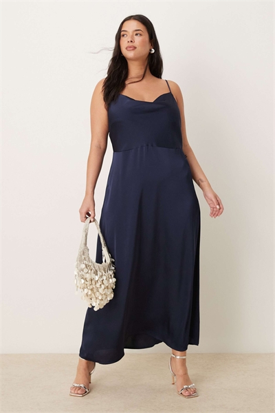 Макси-платье с атласным воротником-капюшоном темно-синего цвета артикул 142660207