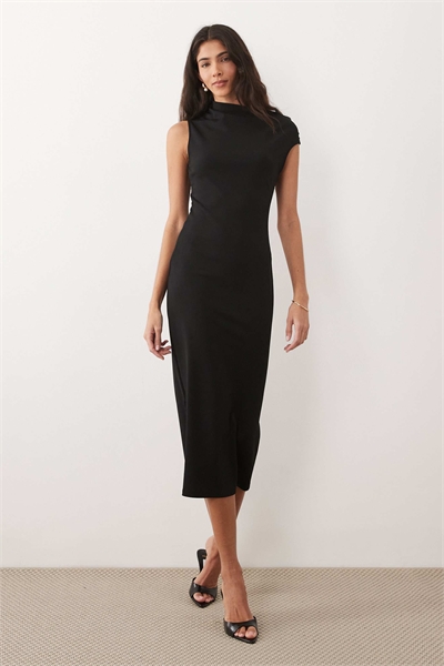 Асимметричное платье-миди с короткими рукавами черного цвета артикул 155128928