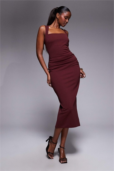 Платье средней длины с квадратным вырезом и рюшами на талии, цвет бордовый артикул 154336683