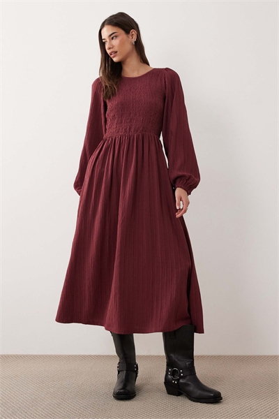 Платье-миди с длинными рукавами и гофрированной тканью цвета инжира артикул 153050283