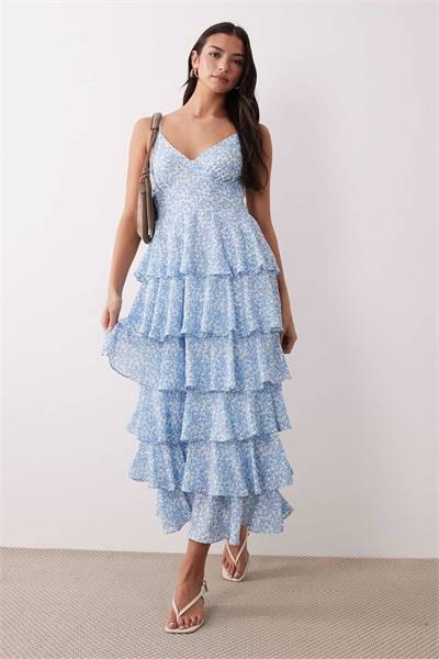 Платье-миди с рюшами и абстрактным принтом синего цвета артикул 153148921