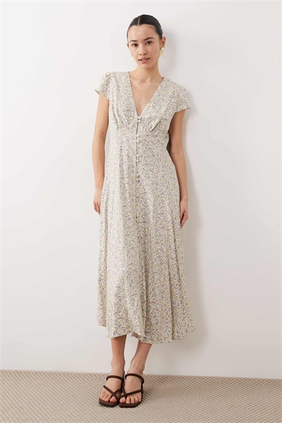 Платье средней длины с V-образным вырезом, короткими рукавами и цветочным принтом от Avery, кремового цвета артикул 153886915