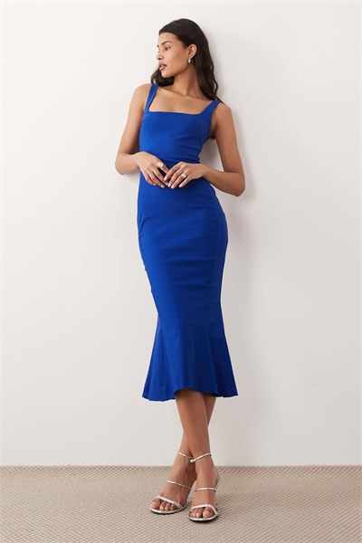 Платье-миди без рукавов с квадратным вырезом и рыбьим хвостом из бенгалина кобальтового цвета артикул 155442380
