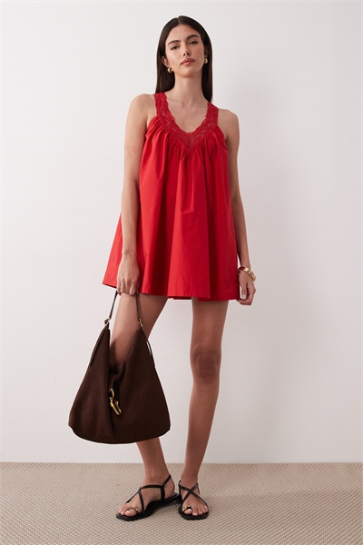 Мини-сарафан из поплина с V-образным вырезом и кружевной накладкой артикул 153684648