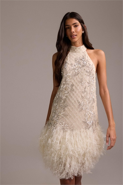Мини-свадебное платье с цветочным орнаментом, открытой спиной и бахромой по подолу, цвет слоновой кости артикул 149554182