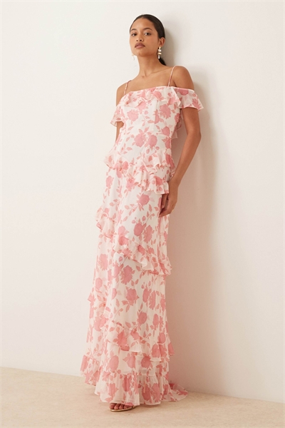 Асимметричное платье с рукавами-крыльями и воланами, розового цвета с цветочным принтом артикул 155326910
