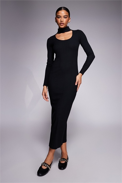 Двухслойное платье-миди с ребристой текстурой и чокером черного цвета артикул 150228601