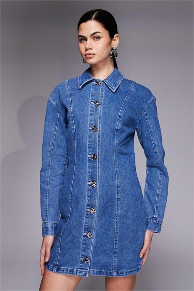 Мини-платье из денима с застежкой на пуговицах и декоративными швами артикул 154689977