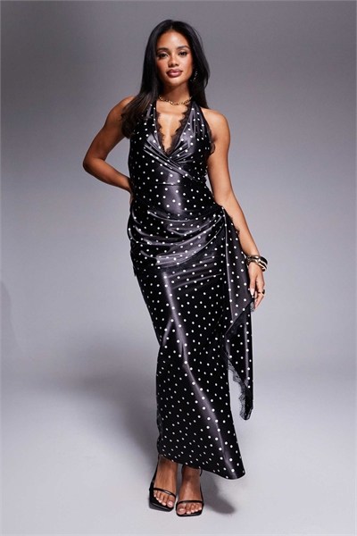 Макси-платье из атласа с принтом и драпировкой, украшенное кружевом артикул 149427765