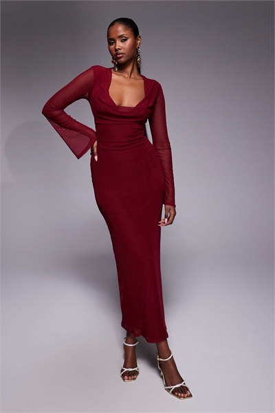 Макси-платье с длинными рукавами, сетчатый ангельский рукав и шнуровкой сзади, бордовый цвет артикул 153519387