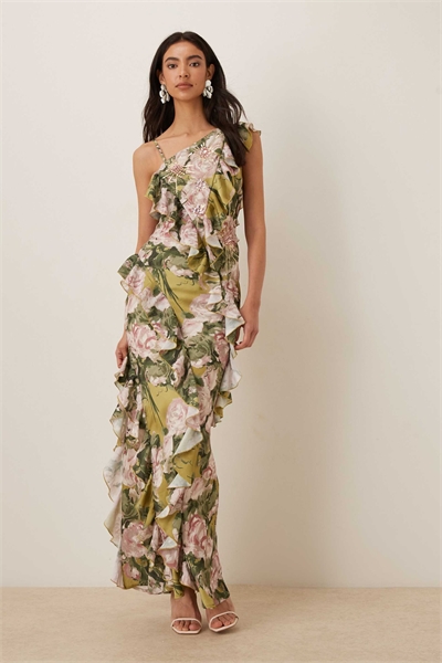 Асимметричное макси-платье с одним плечом, украшенное рюшами из атласа, с зеленым цветочным принтом артикул 149242558