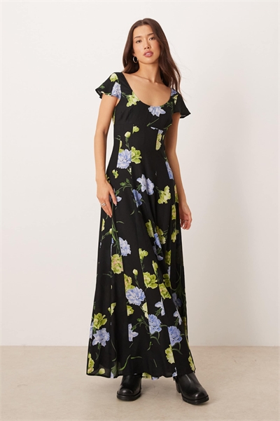 Макси-платье с круглым вырезом, короткими рукавами и клиньями с цветочным принтом артикул 152462649