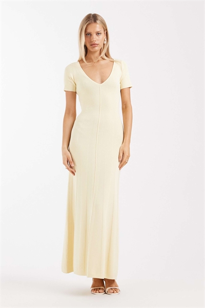 Макси-платье из тонкого трикотажа с V-образным вырезом и швом спереди, цвет лимонный артикул 153494817