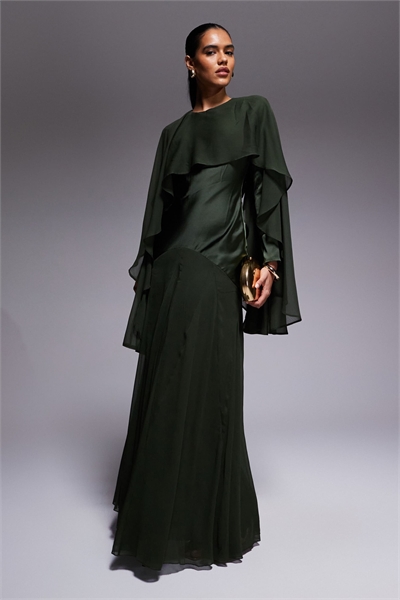 Макси-платье из шифона и атласа с рюшами на капюшоне, темно-зеленого цвета артикул 152153058