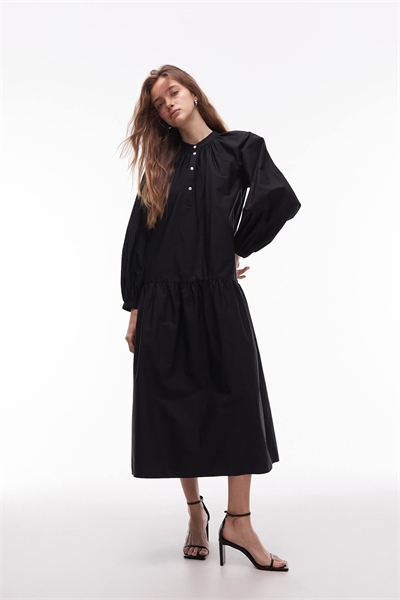 Макси-платье из чистого хлопка с буфетными рукавами черного цвета артикул 149244933