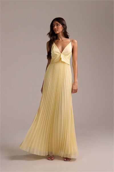 Гибридное макси-платье с бретелями и плиссированной юбкой в лимонном цвете артикул 153254896
