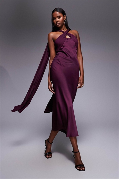 Макси-платье из атласного шифона с закрученными деталями и шарфом сливового цвета артикул 152801580