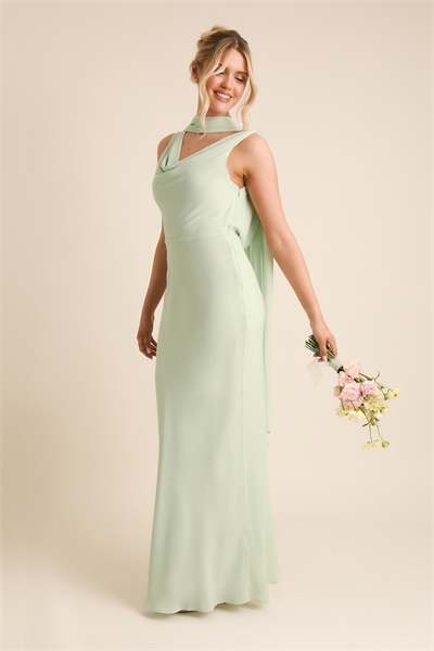 Макси-платье для подружки невесты из крепа с глубоким вырезом и капюшоном, мятно-зеленого цвета артикул 151263129