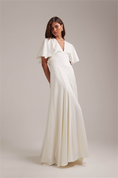 Свадебное платье макси с рукавами-крильями и годетом цвета слоновой кости артикул 152152867