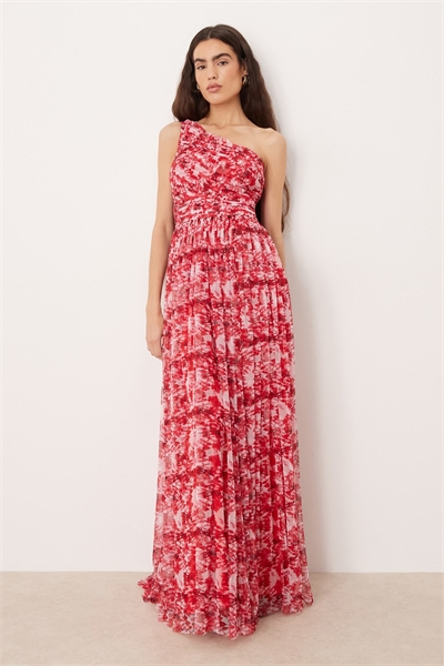 Макси-платье с одним плечом из тюля с шарфом на шее, с красным цветочным принтом артикул 153786447