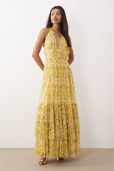 Макси-платье с завязками на шее и многослойным тюлем, с желтым цветочным принтом артикул 153248862