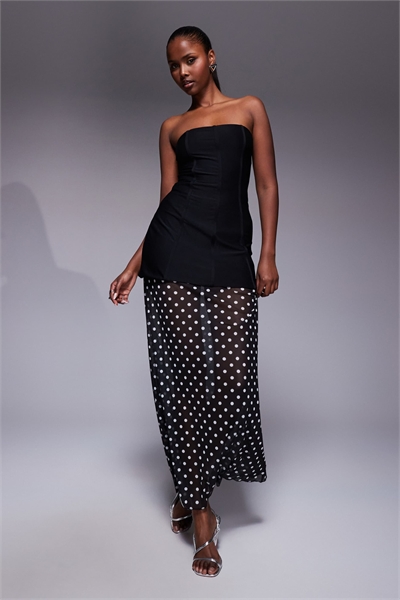 Эксклюзивное макси-платье с контрастной юбкой и прозрачным подолом, с монохромным гороховым принтом. артикул 150081990