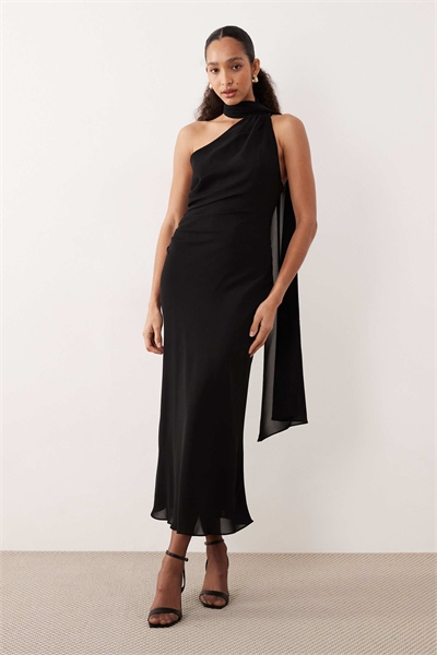 Макси-платье с одним плечом и драпировкой, черного цвета артикул 153647633