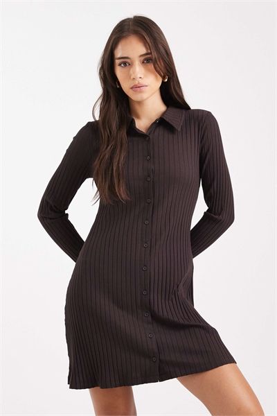Мини-платье с пуговицами и ребристым поло в шоколадном цвете артикул 147968304