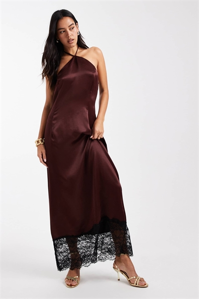 Макси-платье с атласом и кружевом, с завязками на шее артикул 152469813