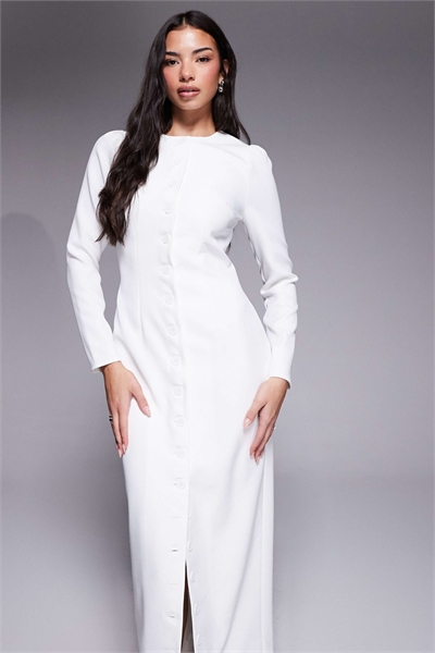 Эксклюзивное макси-платье с длинными рукавами на пуговицах белого цвета, сшитое на заказ артикул 154332888