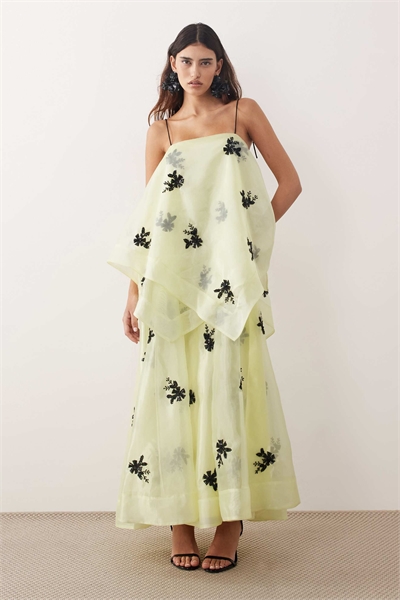 Макси-платье-трапеция из органзы с цветочным декором, желтого цвета артикул 151336314