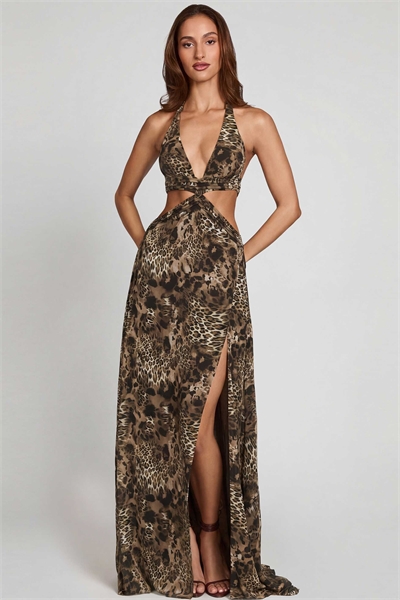 Макси-платье с завязками и разрезом на ноге, с леопардовым принтом артикул 156008391