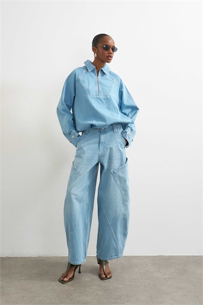 Джинсы-барель с высокой посадкой артикул 155149826