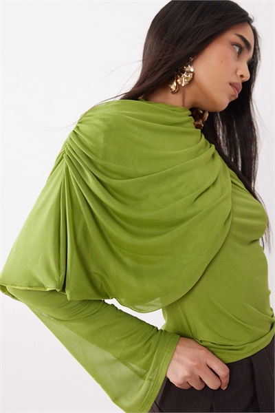 Топ с длинными рукавами, сетчатой накладкой и драпированным вырезом артикул 155999226