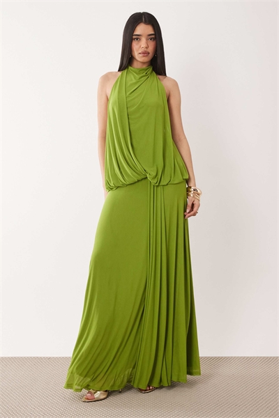 Макси-платье с драпировкой из сетки и завязками за шеей артикул 156132898