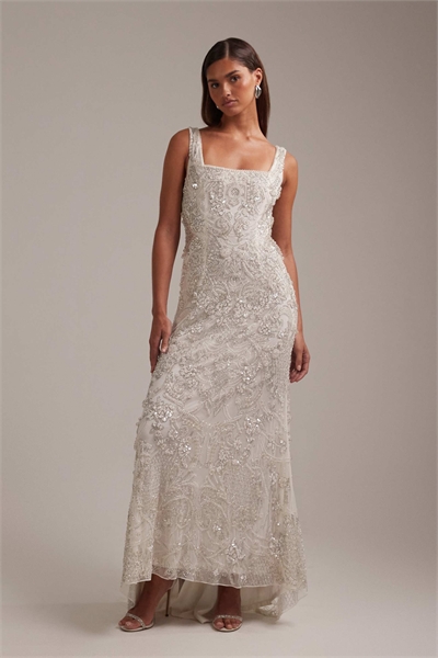 Свадебное платье макси с квадратным вырезом, украшенное изящными хрустальными элементами артикул 147971520