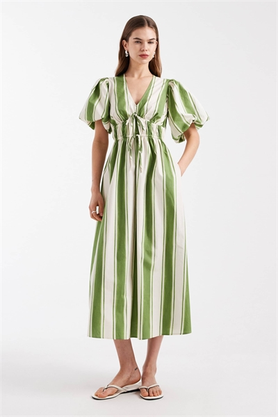 Платье средней длины с полосками, буффами и V-образным вырезом артикул 155388044