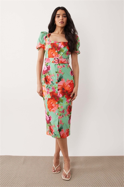 Платье средней длины с квадратным вырезом и поясом артикул 153563261