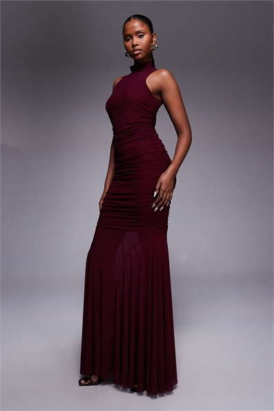 Макси-платье с высоким воротником, без рукавов, с фигурной сеткой и прозрачным подолом в форме рыбьего хвоста артикул 153986904