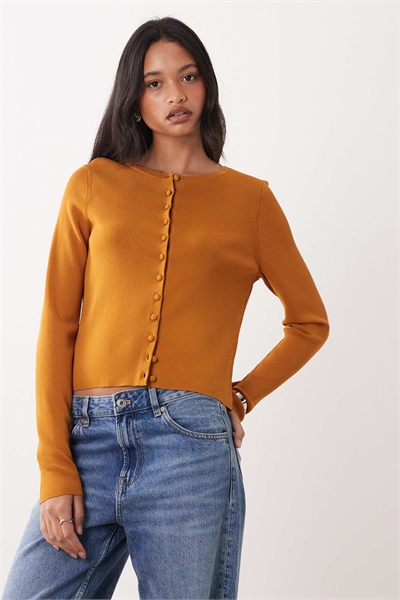 Компактный кардиган с круглым вырезом и пуговицами, обтянутыми той же тканью артикул 153630564