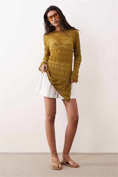 Топ из прозрачного трикотажа с асимметричным сборчатым верхом артикул 153366073