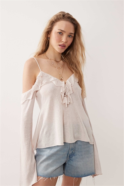 Топ из трикотажа премиум-класса с воланами и открытыми плечами из смешанного льна артикул 152703459