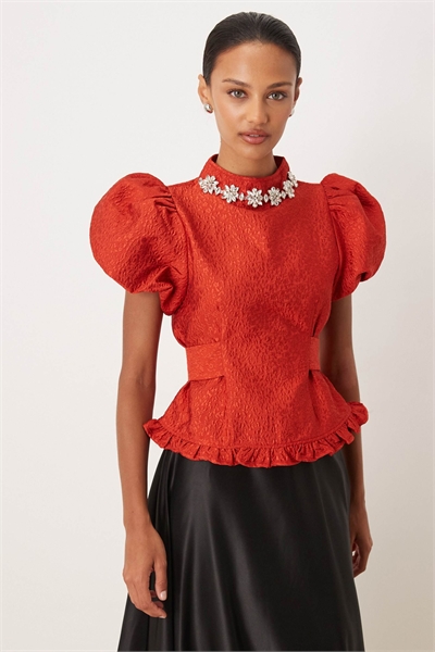 Топ с высоким воротником, буффами и затянутой талией от Dream Sister Jane с жаккардовым узором артикул 154057276