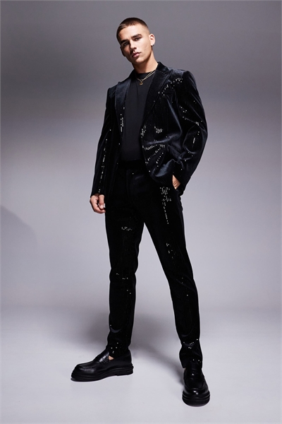 Новые узкие брюки-классики из бархата с пайетками черного цвета артикул 135873252