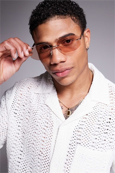 Солнцезащитные очки без оправы с коричневыми стеклами и металлической оправой золотого цвета артикул 140415779