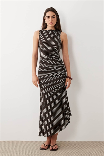 Платье-миди без рукавов с рюшами и завязками, в полоску артикул 155865300